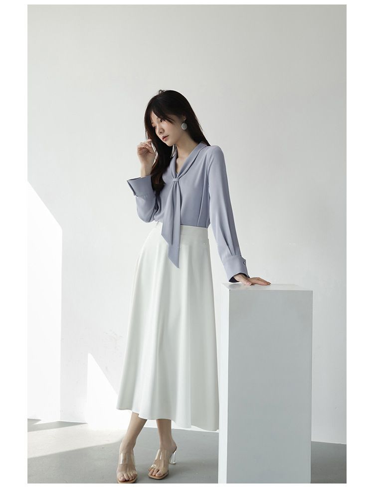 Design ispirato alle maniche lunghe per le donne nella primavera autunno 2024, con nuovo stile di colletto a nastro e sensazione di alta qualità,_voghion.com