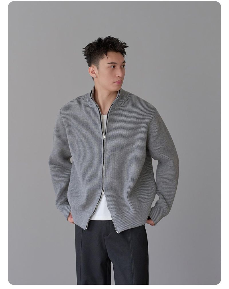 Men's Chunky Knit High-Neck Cardigan With Dual Zippers, Oversized Black Pullover Sweater For Autumn & Winter_voghion.com