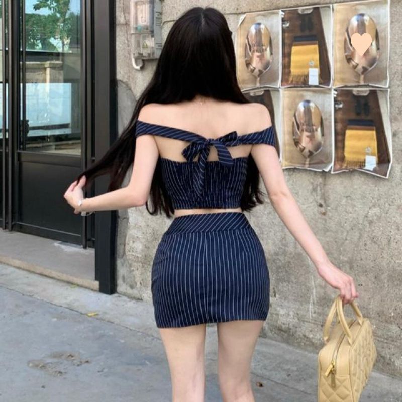 Ensemble deux pièces à rayures pour femme, haut court, jupe moulante, col rond, élégant, été_voghion.com