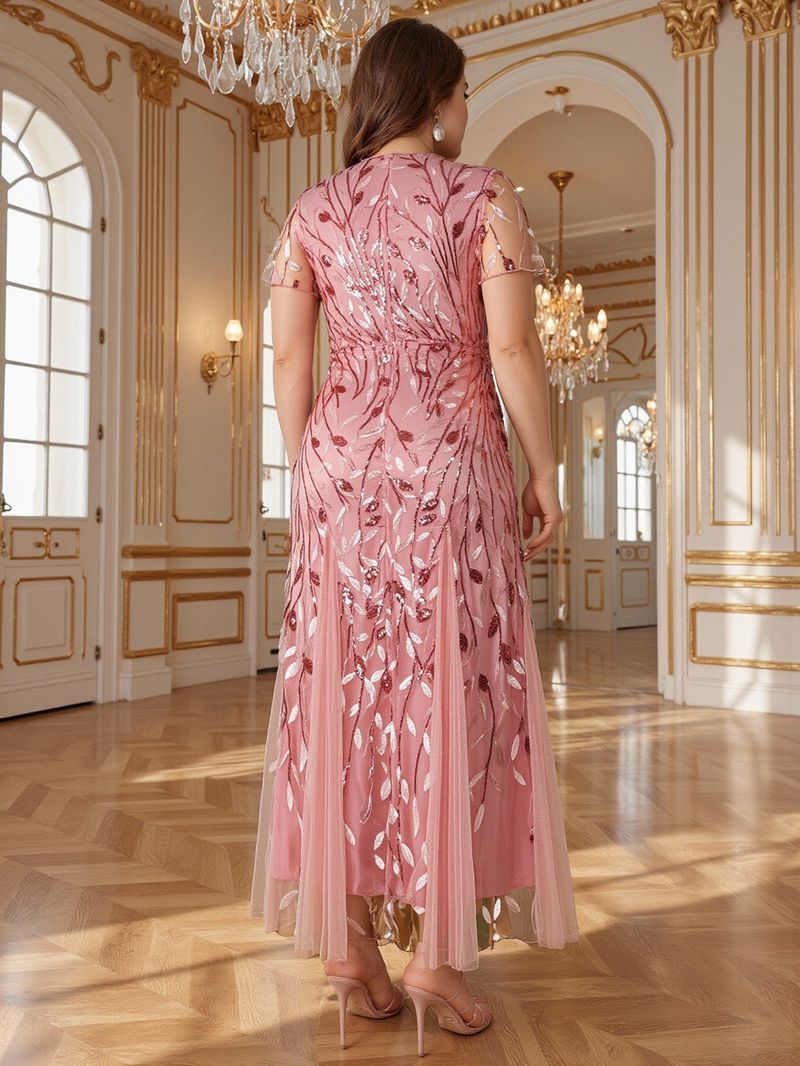 Elegante avondjurk in grote maten voor vrouwen - lange galajurk van mesh met kant en pailletten, bescheiden moslimfeestkleding (roze, 0XL-5XL)_voghion.com