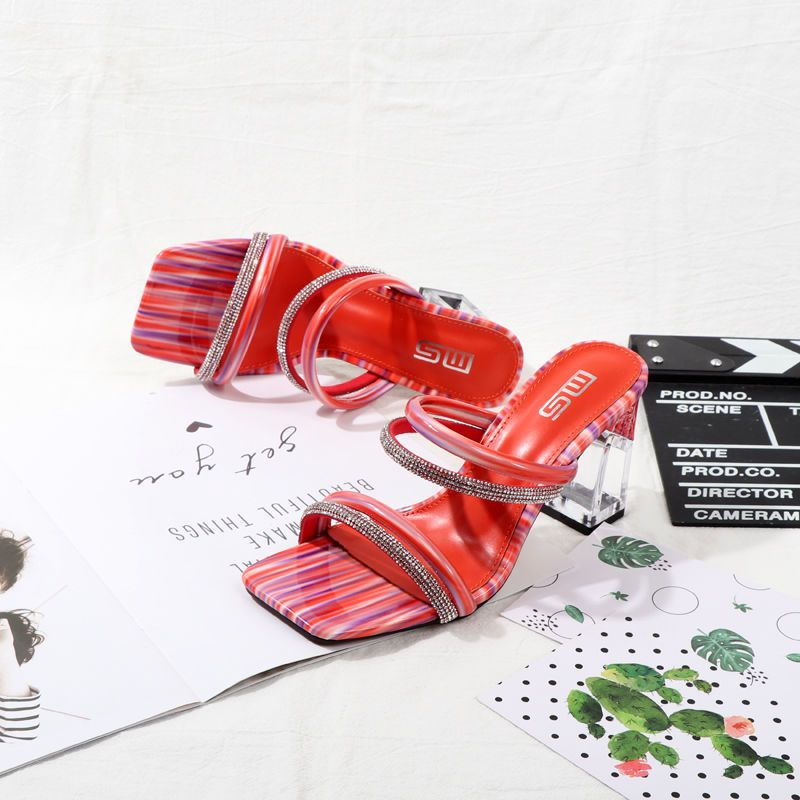 Large size sandals with a straight line rhinestone hollow heel and transparent thick for women's slippers 2024 new_voghion.com