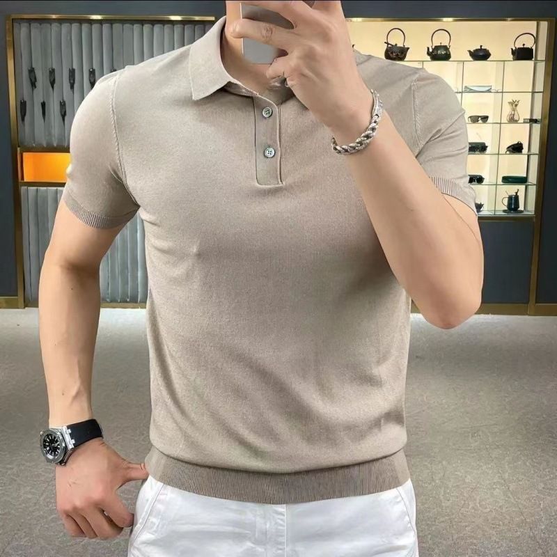 2025d Men's Thin T-Shirt New Knit Shirt Stretch Breathable Solid Color 3-Button POLO Short Half Sleeve Turn-down Collar Mint_voghion.com