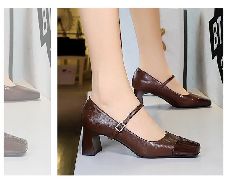5292 Wind Thick Heel Shallow Mouth Splicing Square Head Water Diamond Buckle Strap Single Shoe Spring and Autumn Women's_voghion.com