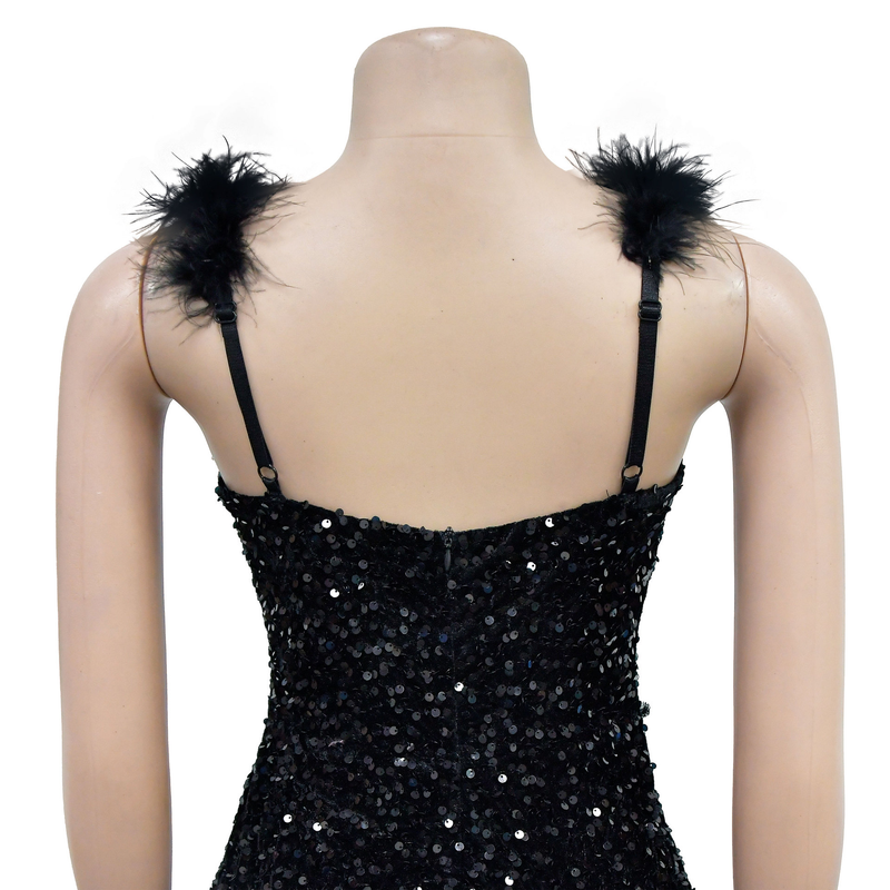 Abito da donna con gonna corta senza maniche in paillettes tinta unita con piume_voghion.com