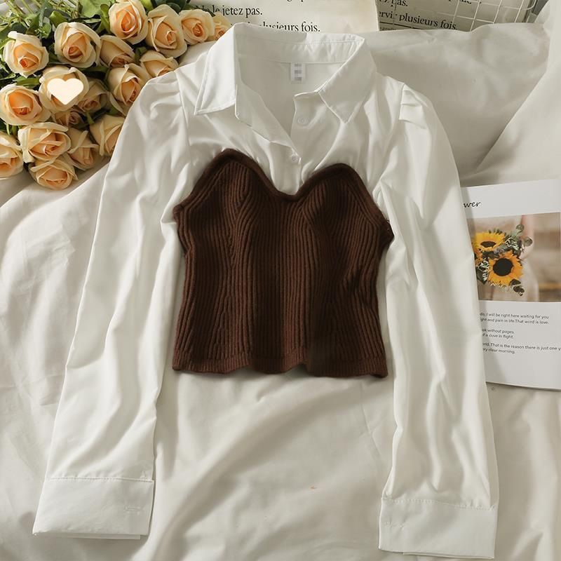 Damenbekleidung Kleines Revers Langarm Slim Fit Kurzes Hemd Weiblich Neu Gestrickt Stitching Stilvolles Top_voghion.com