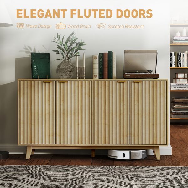HOMCOM Fluted Sideboard Buffet Cabinet, 55' Coffee Bar Cabinet With 4 Doors, 2 Adjustable Shelves, 5 Wood Legs, Nature Wood_voghion.com