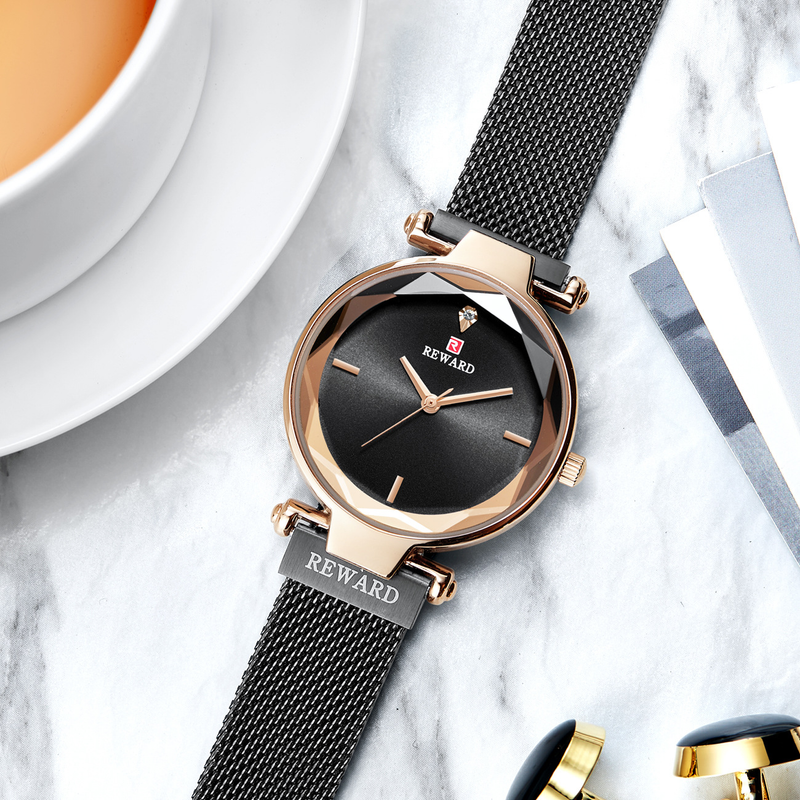 Reloj de mujer REWARD 63096L con correa de hebilla magnética, reloj de cuarzo resistente al agua a la moda, reloj con correa de malla_voghion.com