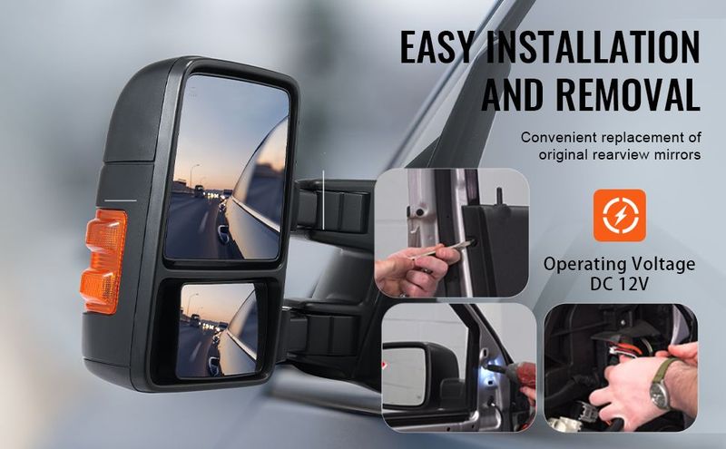 VEVOR Towing Mirrors, Left & Right Pair Set For 2008-2016 Ford F250 F350 F450 F550, Power Heated With Signal Light, Plane & Convex Glass, Manual Controlling Telescoping Folding, Heating Defrost, Black_voghion.com