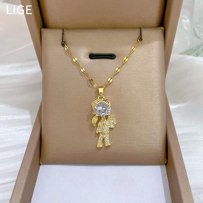 Collar con incrustaciones de circonitas y dijes de niña en color dorado para mujer, gargantilla de pareja, cadena colgante, accesorios de joyería Diy_voghion.com