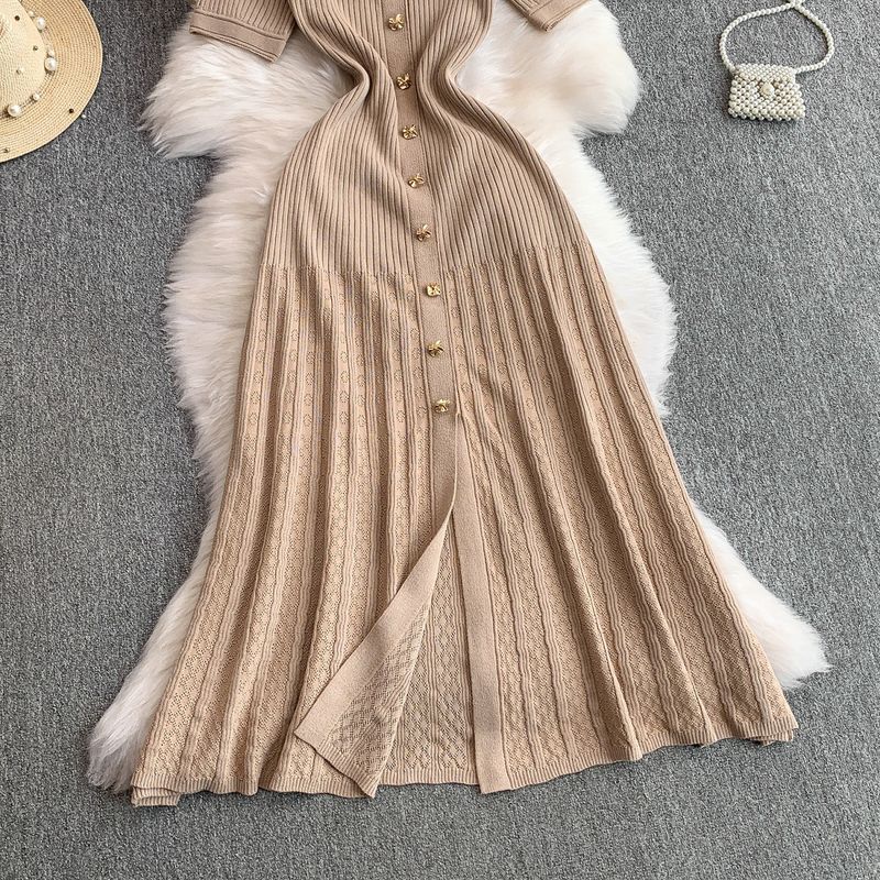 Abito da donna con risvolto e maniche corte, nuovo stile, con fibbia in metallo, vita sottile, gonna lunga lavorata a maglia a coda di pesce_voghion.com