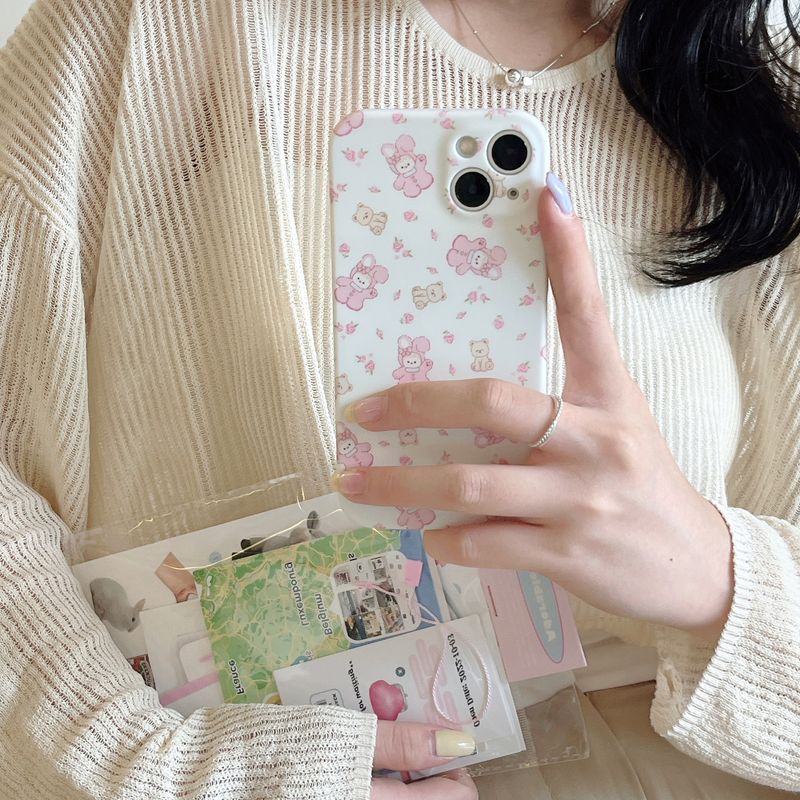 TechGlobe Pink Floral Bear Rabbit Compatible With IPhone 14 Pro Max 15 Phone 13/12 Skin Feel Soft Case_voghion.com