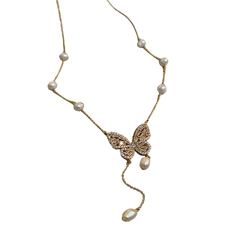Echt vergoldete Süßwasserperle mit Mikro-Intarsien-Zirkon-Schmetterlingsquasten-Halskette, Design-Sinn, Schlüsselbeinkette, elegant_voghion.com