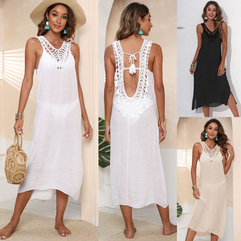 Abito da spiaggia per le vacanze da donna con gonna a canotta patchwork sexy camicetta aperta sul retro_voghion.com