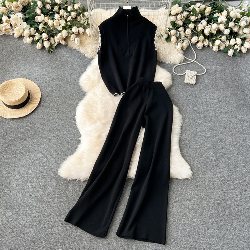 Abbigliamento da donna, completo alla moda, semplice, retrò, ampio, a maniche corte, lavorato a maglia, con risvolto, pantaloni a gamba larga, completo in due pezzi lavorato a maglia_voghion.com
