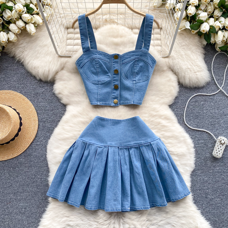 Roupas femininas estilo retrô, traje curto, camisola, minissaia versátil, jeans, terno de duas peças, moderno_voghion.com