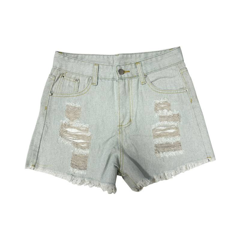 Short en jean déchiré taille haute pour femme, pantalon sexy et délavé avec pompons_voghion.com