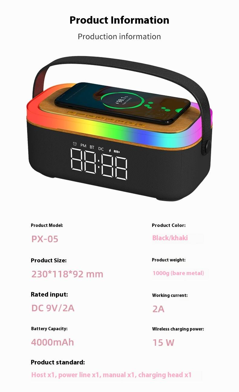 Multifunctional Bluetooth Speaker With LED Mood Light - Wireless Charging, Digital Alarm Clock & Long Battery Life_voghion.com