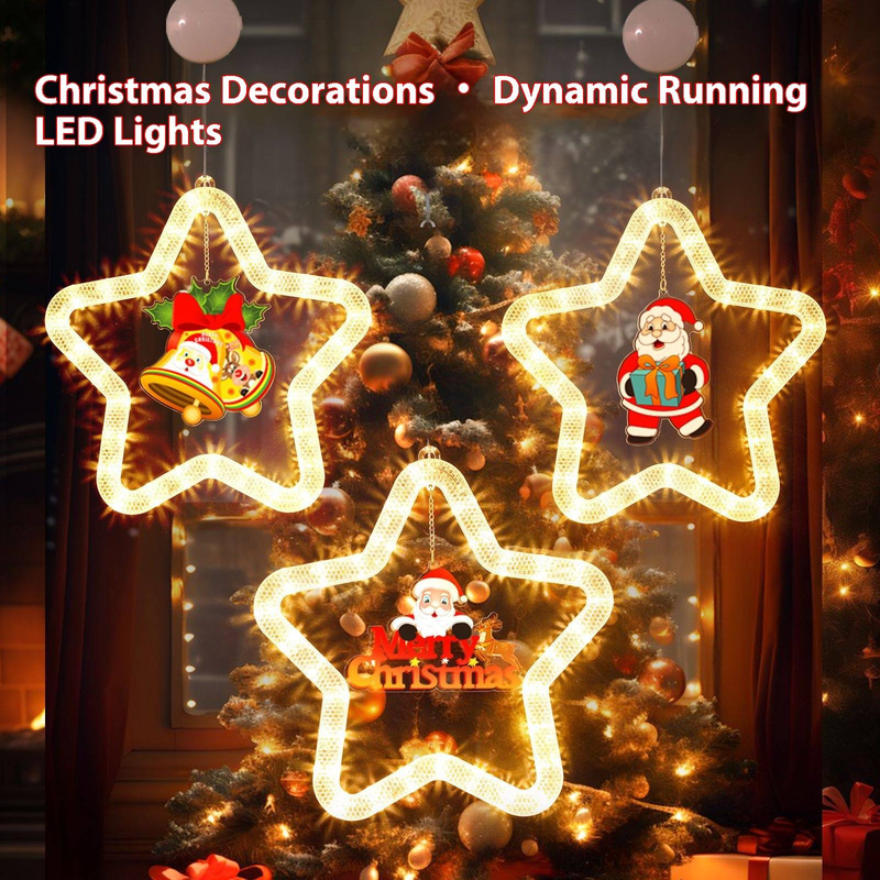 Guirnalda de luces LED navideñas con forma de estrella y ventosas: luces de estrella de 5 puntas para decorar ventanas y crear un ambiente festivo._voghion.com