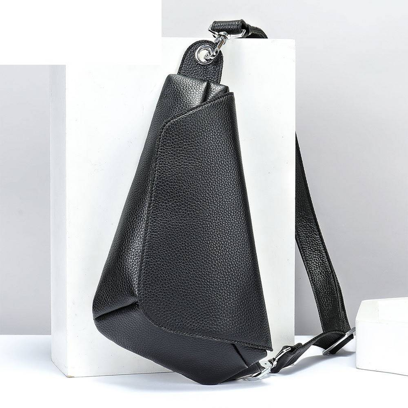 Sac de poitrine en cuir véritable pour homme - Sac à dos élégant à bandoulière pour un usage quotidien, imperméable et durable, petit sac à dos en cuir de vache noir_voghion.com