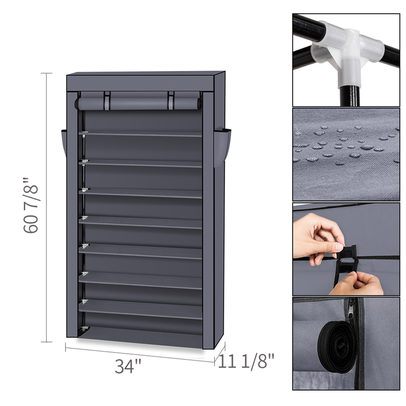 Étagère à chaussures à 10 niveaux avec housse anti-poussière, armoire de rangement pour chaussures, gris, 160 x 30 x 88 cm_voghion.com