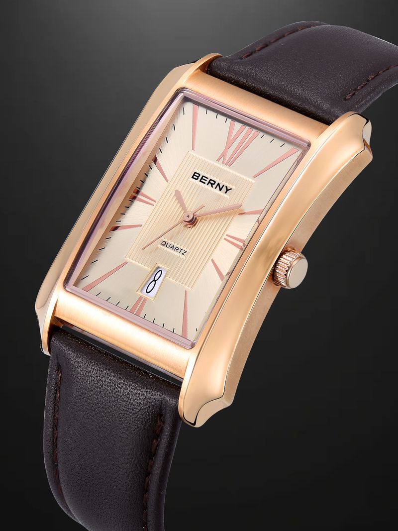 BERNY Men's Leather Watch Vintage Stainless Steel Rectangular Case Roman Dial Dress Analog Watch With Date Waterproof Classic Quartz Wrist Watches_voghion.com