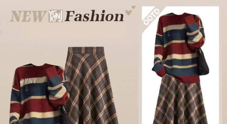 Tenue grande taille automne-hiver style preppy pour femme, pull rayé tendance et amincissant, jupe à carreaux taille haute, ensemble deux pièces_voghion.com