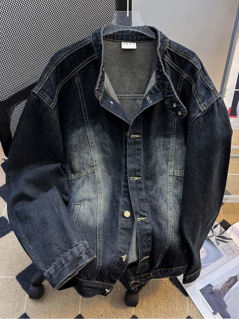 Men's Streetwear Denim Jacket – Oversized Washed Cotton With Stand Collar (S-3XL) – Retro Loose Fit For Spring/Fall_voghion.com