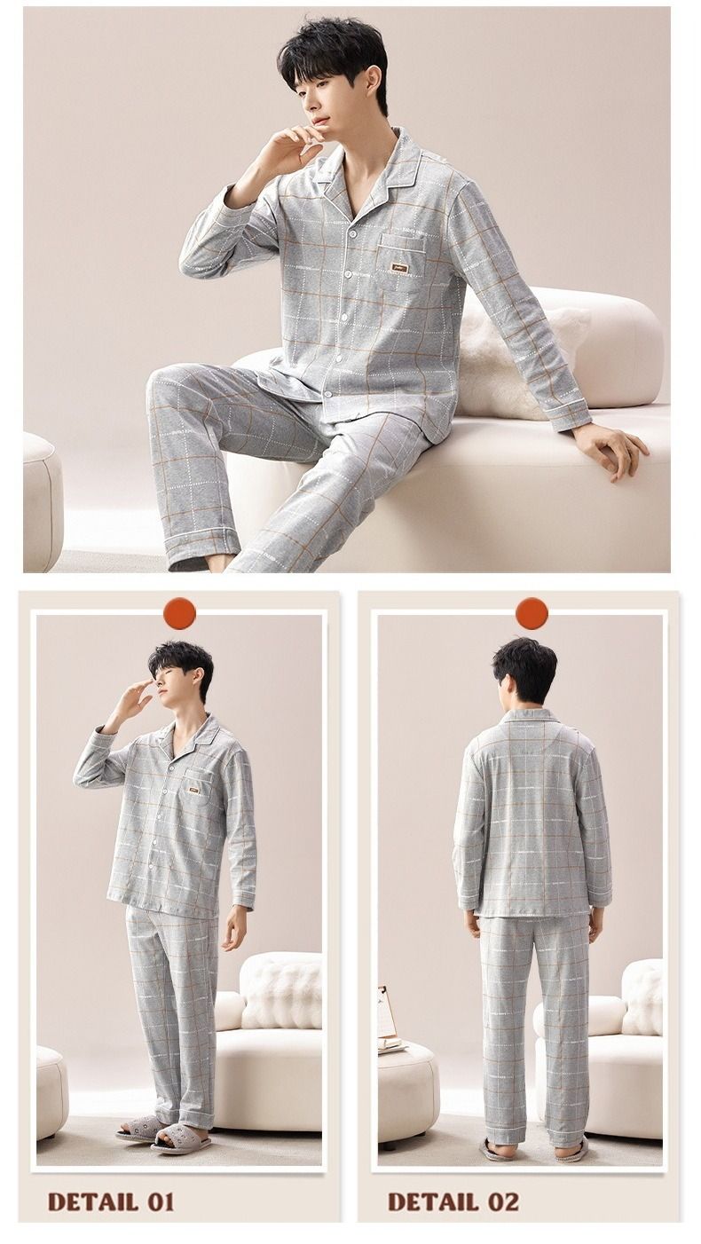 2025 Autumn/winter Thin Men's Loose Fit Plus Size Home Suit Set, Pure Cotton Long Sleeved Pants Pajama Set_voghion.com