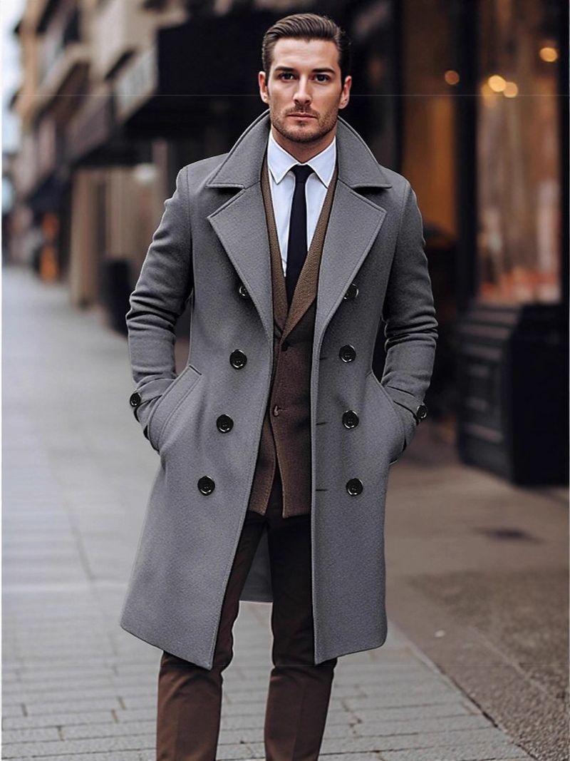 Klassischer zweireihiger Mantel aus Wollmischung für Herren – Slim Fit Trenchcoat mittlerer Länge in Unifarben (Anthrazit, Schwarz, Khaki, Hellgrau)_voghion.com