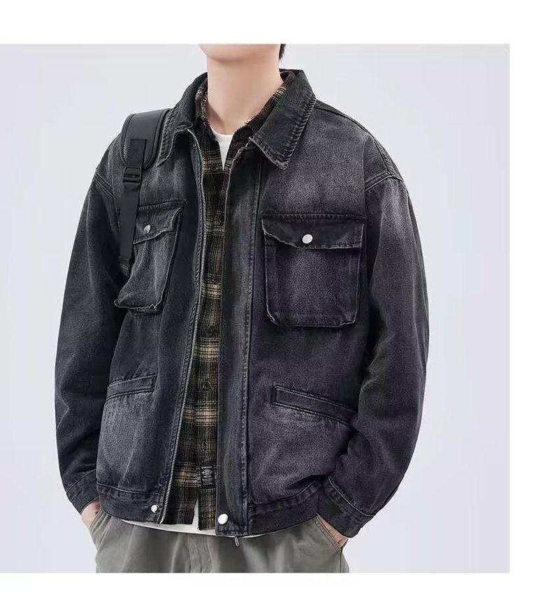 Jaqueta jeans masculina desgastada, casaco de trabalho unissex oversized com bolsos laterais – preto e cinza (M-4XL)_voghion.com
