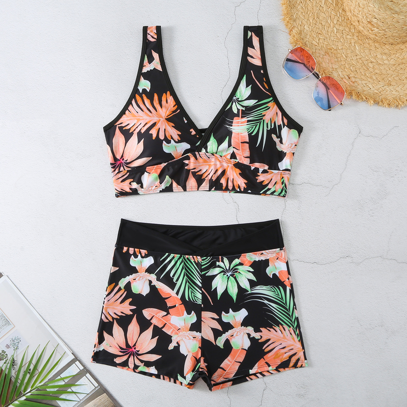2024 New Printed Skirt Conservative Women's Split High Waist Tankini Swimsuit_voghion.com