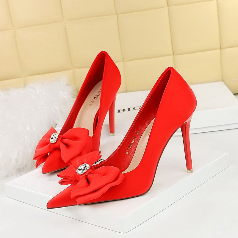 18249-H33 Korean Fashion Banquet Thin Heels, Shallow Mouth, Pointed Water Diamond Bow, High Heel Single Shoes For Women_voghion.com