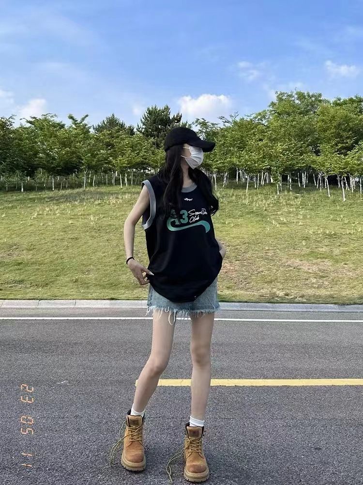 Farblich passendes Tanktop von American Sports für Damen mit lockerem Sommerdesign, vielseitiges ärmelloses Camisole-T-Shirt im Bf-Stil_voghion.com