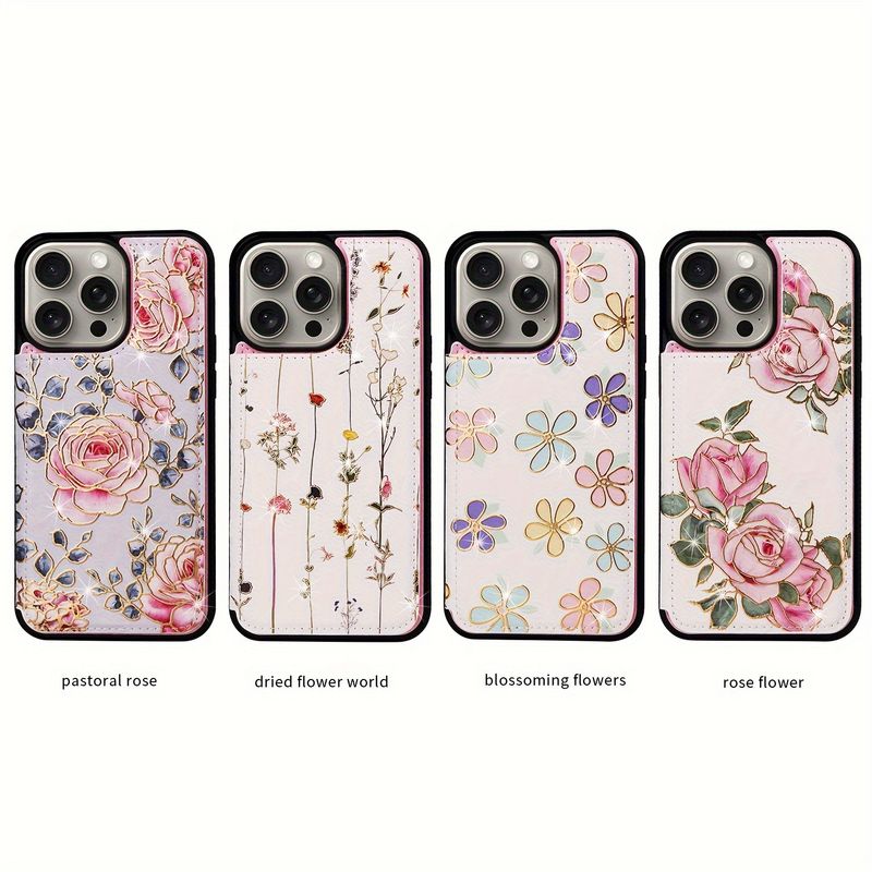 Floral Wallet Case for 15/14/13/12/11 Pro Max, XS Max, XR, SE, 8, 7, 6s Plus - Premium PU Leather Flip Folio with Card Holder, Kickstand, Card Slots,_voghion.com