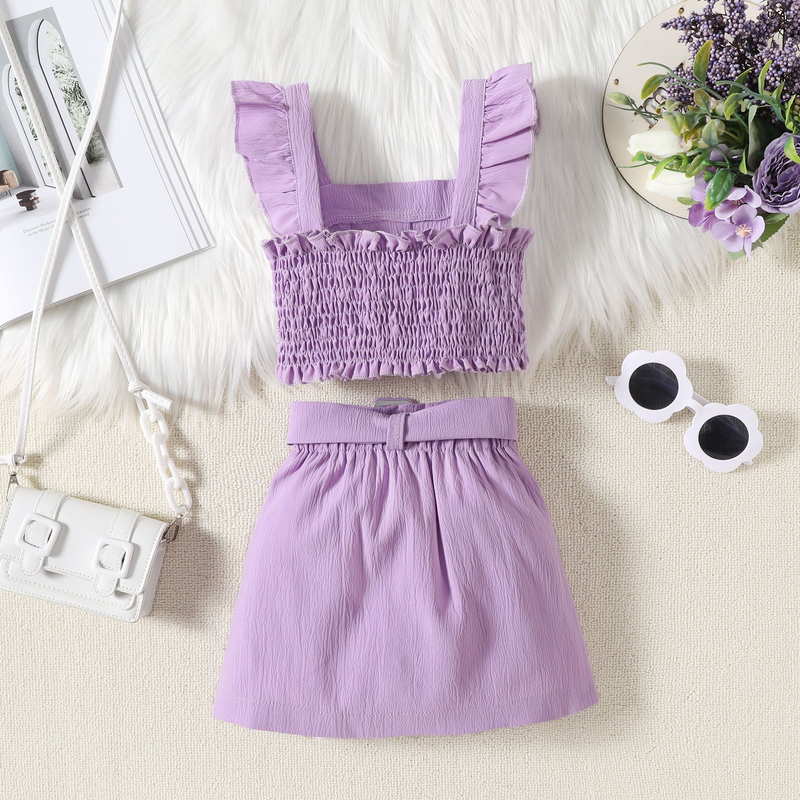 Babykleidung Kinder einfarbig Neckholder kleine fliegende Ärmel Top + Rock + Gürtel Mode Mädchen Anzug_voghion.com