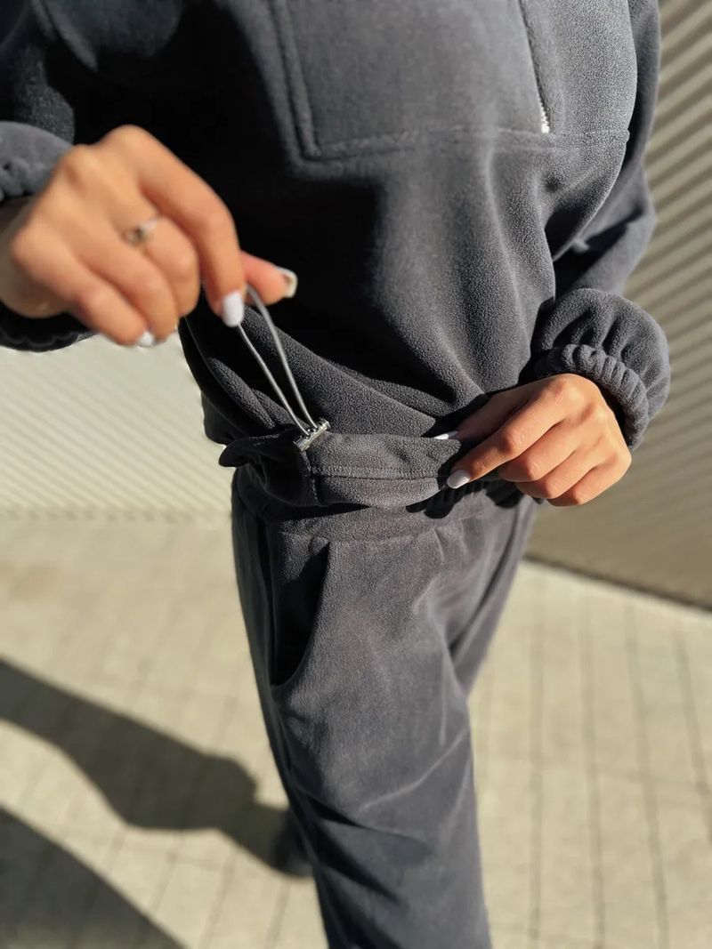 Lässiges Set aus Fleece-Kapuzenpullover und Jogginghose für Damen – locker sitzendes Sweatshirt mit Stehkragen und Hose mit elastischem Bund (Beige, Dunkelgrau, Khaki)_voghion.com