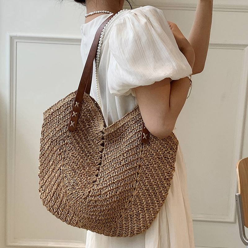 Estate per le donne Borse a tracolla in paglia Borsa da spiaggia all'uncinetto in rafia intrecciata con manico superiore intrecciato in rattan Borse casual 2023_voghion.com