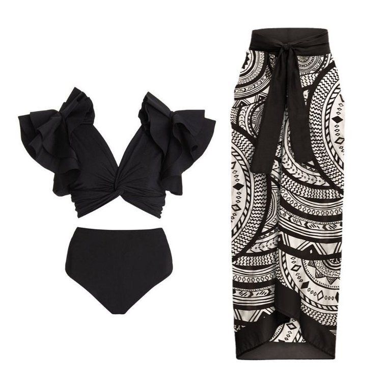 Damenbekleidung Retro High Waist Split Dreiteiliger Badeanzug Bikini Badeanzug Chiffon Strandrock Anzug_voghion.com
