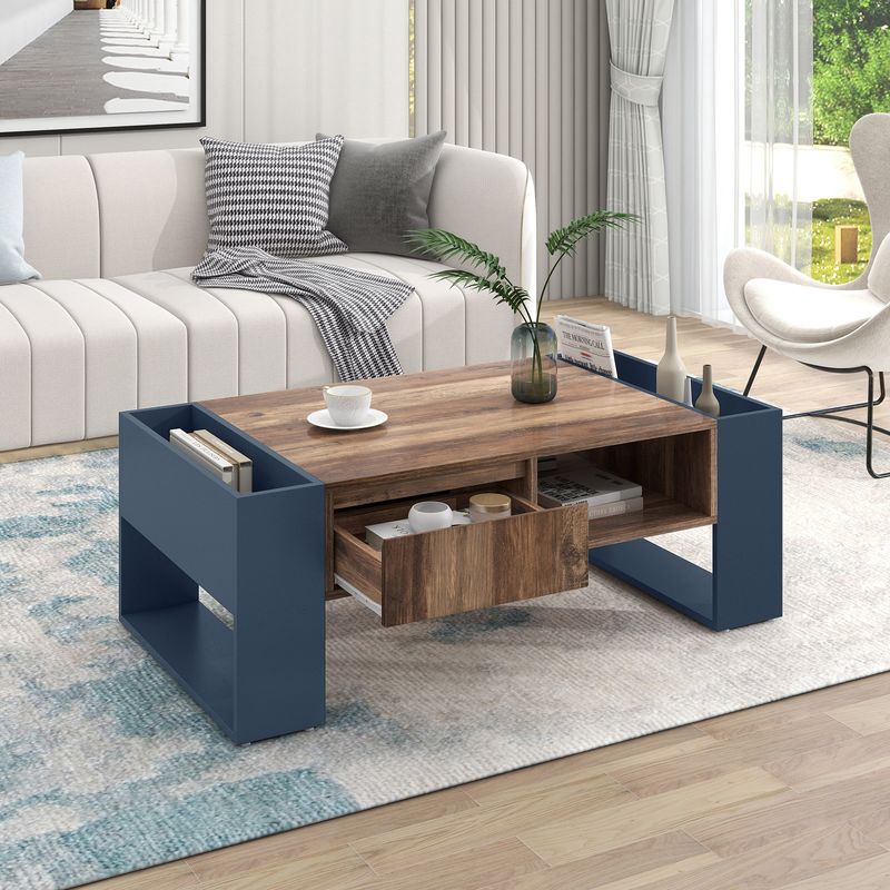 Table basse en bois avec tiroir dissimulé et deux compartiments de rangement, rangement double face, table de salon, grande capacité de rangement, anthracite_voghion.com
