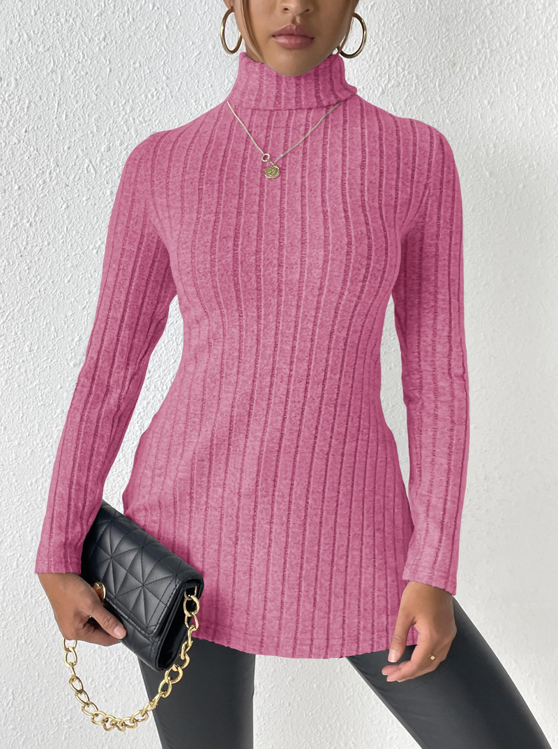 Women's turtleneck pullover slit slim-fit base pit striped medium length_voghion.com