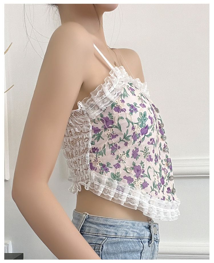 Pure floral lace camisole tank top with strapless design, thin breathable base, inner layer to gather a beautiful back_voghion.com