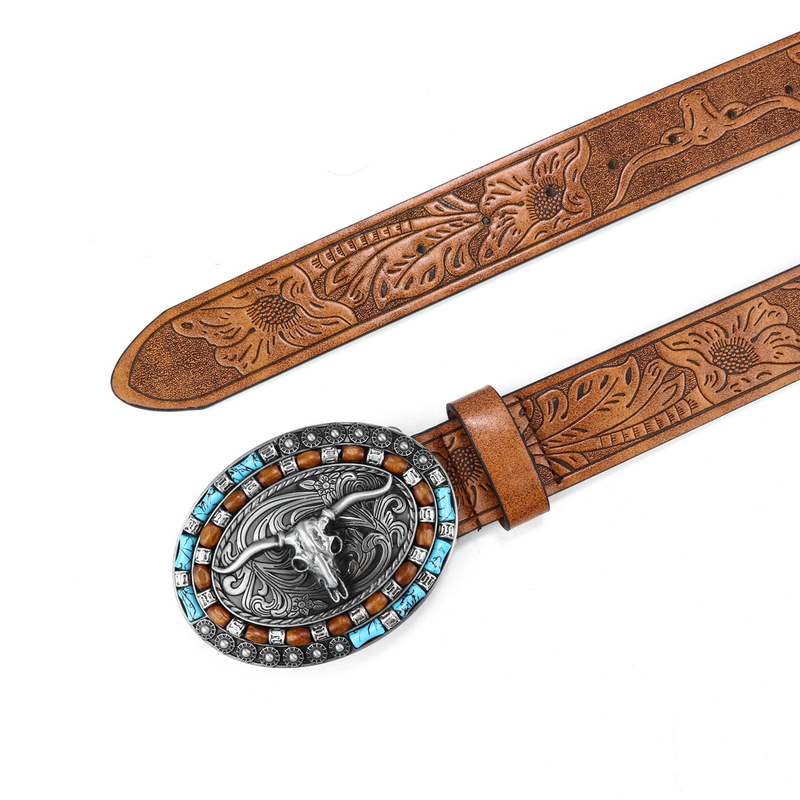 Western cowboy belt Cowhead big plate buckle trend Retro youth retro men's punk leather belt_voghion.com