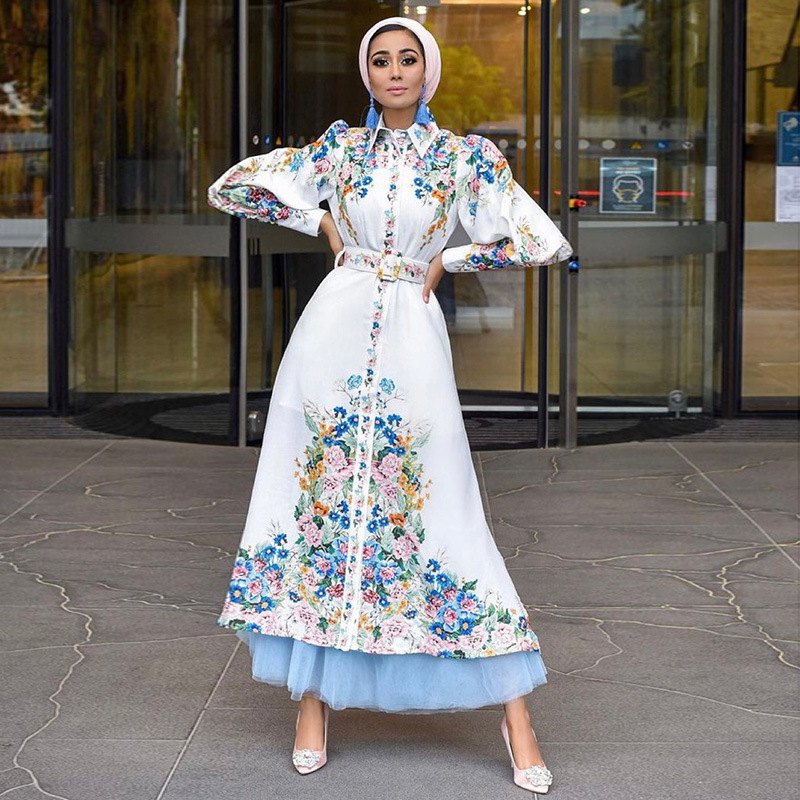 Women's fashion elegant printed lantern sleeve lapel robe shirt collar dress_voghion.com