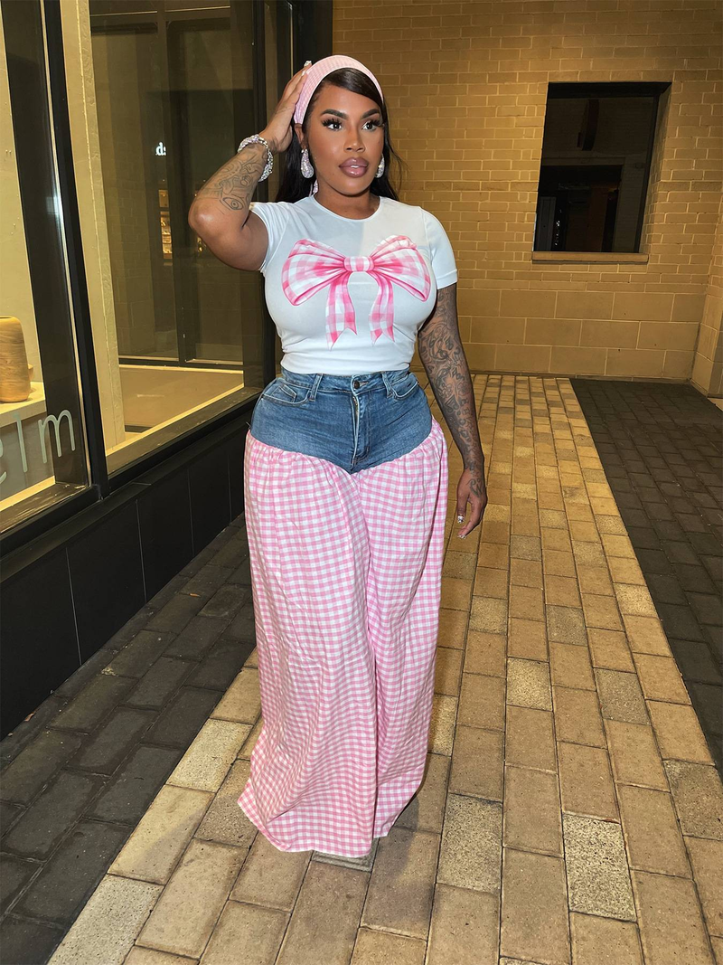 Ropa de mujer, camiseta ajustada estampada con costuras a cuadros, cintura alta, pantalones holgados informales de pierna ancha, conjunto de dos piezas_voghion.com
