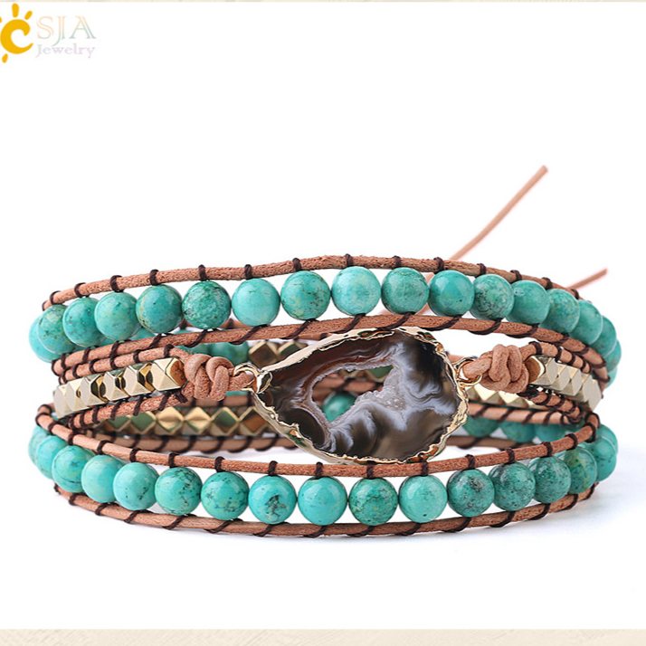 Armband Lederseil geflochten Natur Türkis Perlen Armband unregelmäßige Streifen Kristall Höhle Achat Stück Damen lang_voghion.com