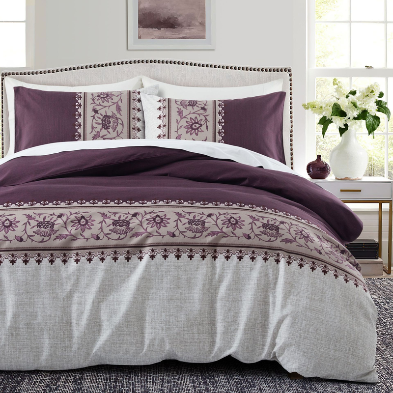 Parure de lit bohème à motif floral violet – Housse de couette en microfibre douce avec taies d'oreiller – Plusieurs tailles_voghion.com