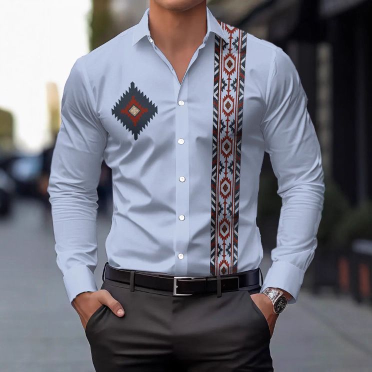 Herren-Langarmhemd mit Print – Lässiges Button-Down-Hemd mit ethnischem Muster, Stretch-Polyester, maschinenwaschbar, normale Passform für Frühling und Herbst_voghion.com