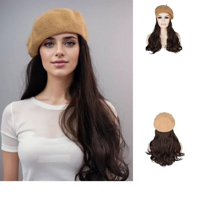 Parrucca da donna con cappello e capelli lunghi e ondulati - Parrucca sintetica invernale in stile berretto con copertura completa della testa per uno stile senza sforzo_voghion.com