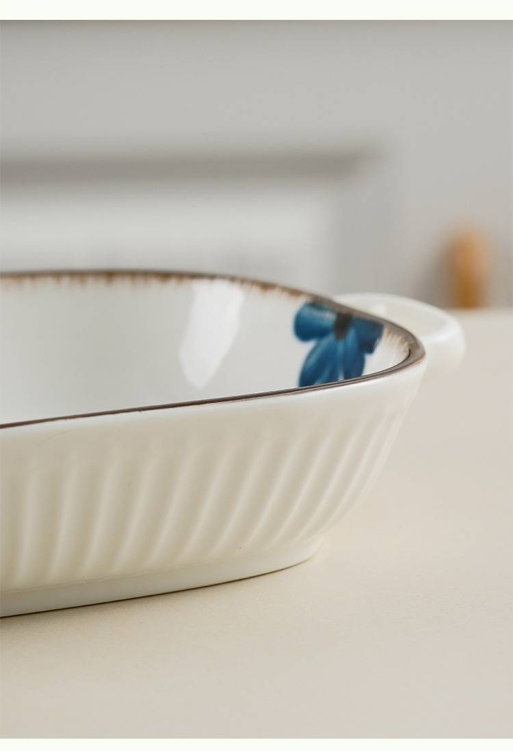 Ceramic Baking Dish With Ink Floral Pattern – 9.5" Double-Handled Soup Bowl, Microwave & Oven Safe_voghion.com