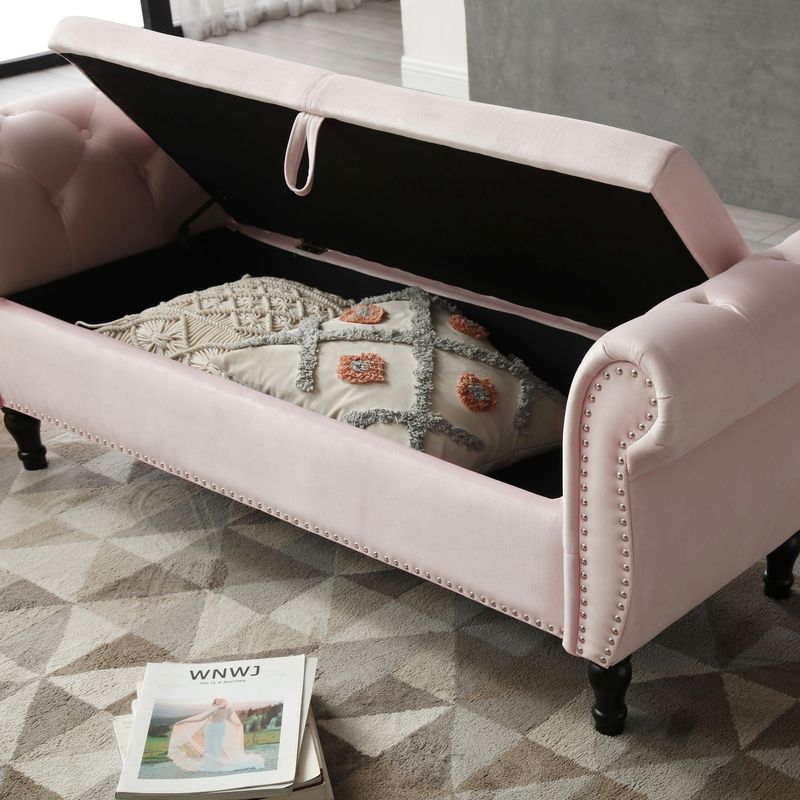 Aijia 63" Velvet Multifunctional Storage Rectangular Sofa Stool Buttons Tufted Nailhead Trimmed Solid Wood Legs With 1 Pillow,Pink_voghion.com